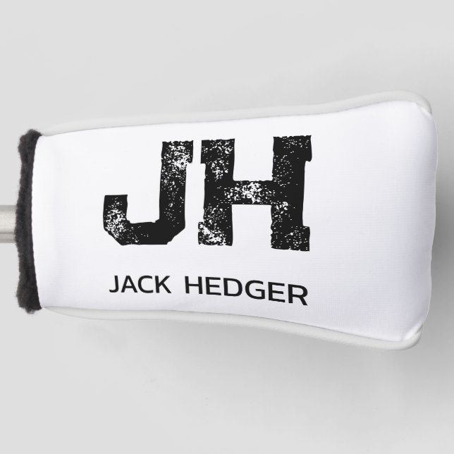 MINIMALIST BLACK TWO LETTER MONOGRAM NAME WHITE GOLF HEAD COVER (Front)