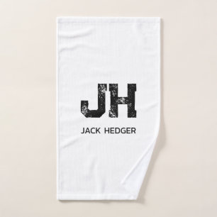 MINIMALIST BLACK TWO LETTER MONOGRAM NAME WHITE HAND TOWEL