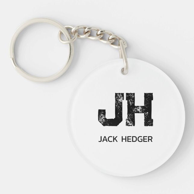 MINIMALIST BLACK TWO LETTER MONOGRAM NAME WHITE KEY RING (Front)
