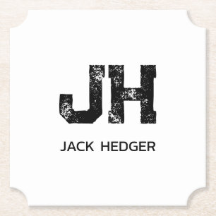 MINIMALIST BLACK TWO LETTER MONOGRAM NAME WHITE PAPER COASTER