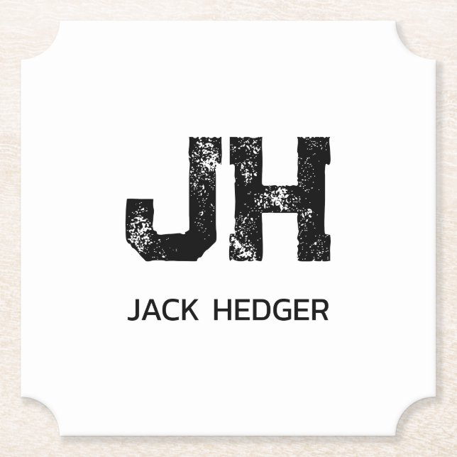 MINIMALIST BLACK TWO LETTER MONOGRAM NAME WHITE PAPER COASTER (Front)