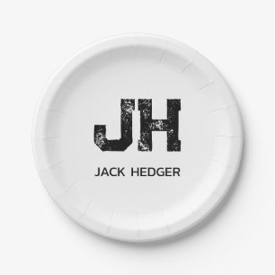 MINIMALIST BLACK TWO LETTER MONOGRAM NAME WHITE PAPER PLATE