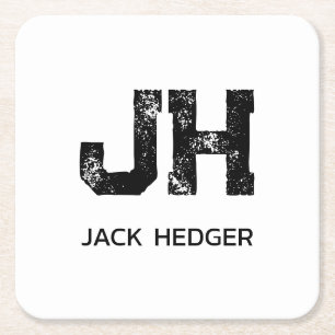 MINIMALIST BLACK TWO LETTER MONOGRAM NAME WHITE SQUARE PAPER COASTER