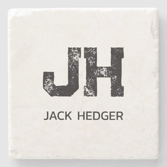 MINIMALIST BLACK TWO LETTER MONOGRAM NAME WHITE STONE COASTER (Front)