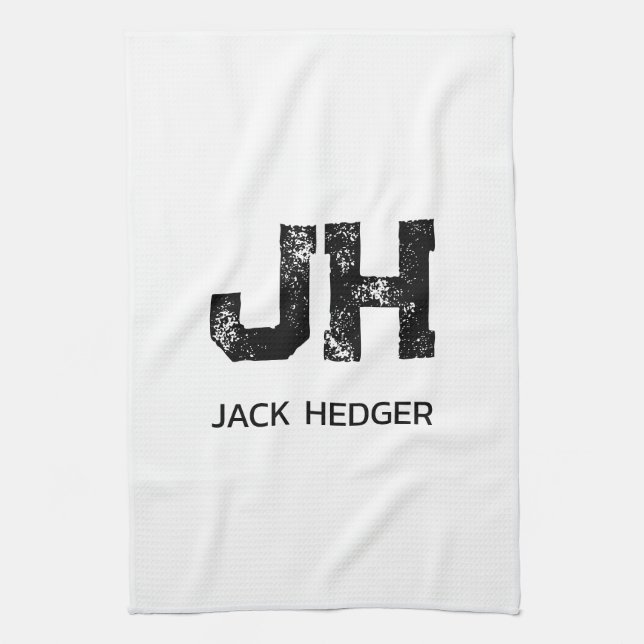 MINIMALIST BLACK TWO LETTER MONOGRAM NAME WHITE TEA TOWEL (Vertical)