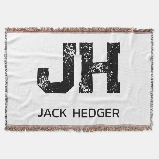 MINIMALIST BLACK TWO LETTER MONOGRAM NAME WHITE THROW BLANKET (Front)