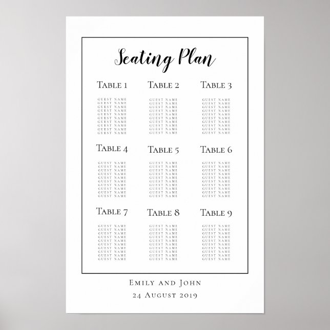 Minimalist Black Typography/border Seating Plan Poster (Front)
