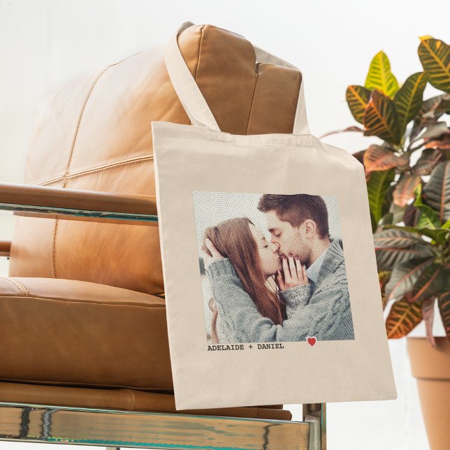 Minimalist Black Typography with Red Heart Photo Tote Bag (Creator Uploaded)
