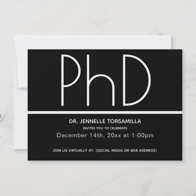 Minimalist Black Virtual PhD Graduation Party Invitation (Front)