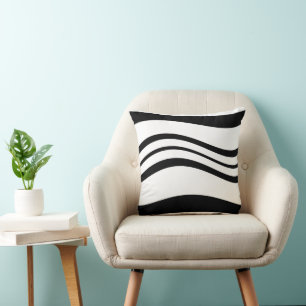 Minimalist Black Wavy Line Pattern White Cushion