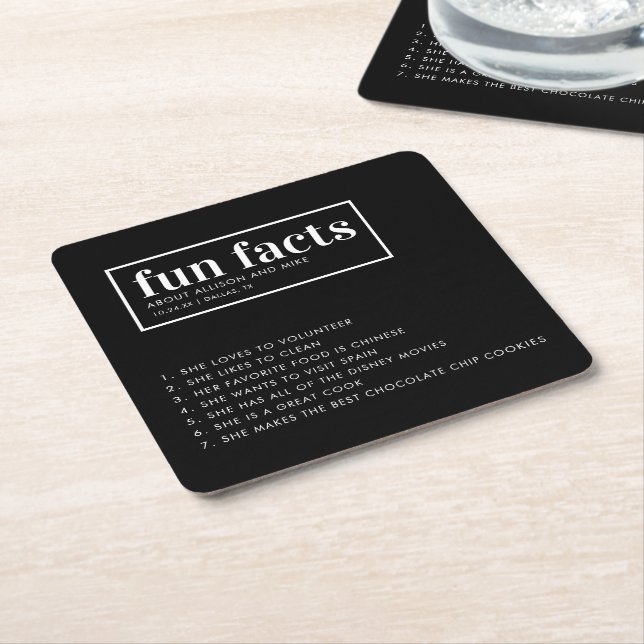 Minimalist Black Wedding Fun Facts Square Paper Coaster (Angled)