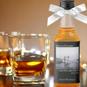 Minimalist Black Wedding Photo Love & Thanks Mini Liquor Bottle Label