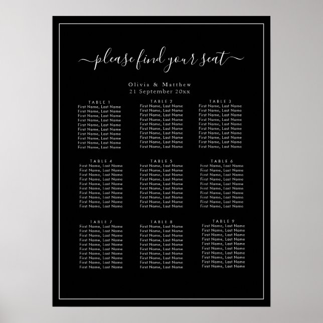 Minimalist Black Wedding Seating Chart Poster (Front)