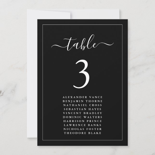 Minimalist Black wedding Seating Chart Table Cards (Front)