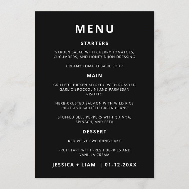 Minimalist Black Wedding Table Menu Cards (Front)