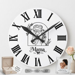 Minimalist Black & White 1st Mother's Day Est. Round Clock