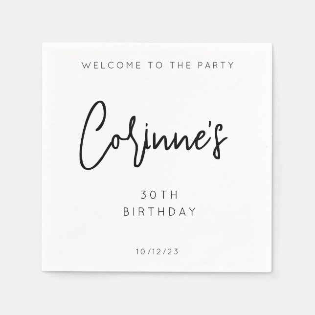 Minimalist Black White 30th Birthday Party Napkin (Front)