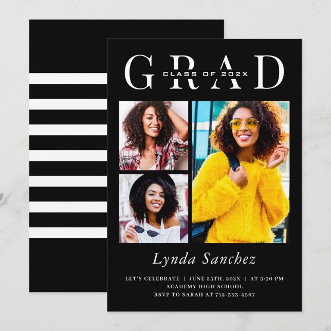 Minimalist Black White 3 Photo Graduation Invitation (Front/Back)