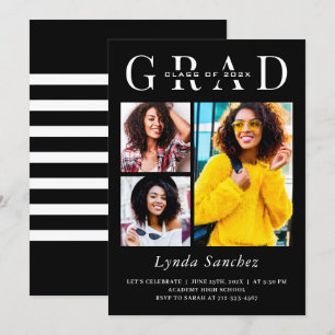 Minimalist Black White 3 Photo Graduation Invitation