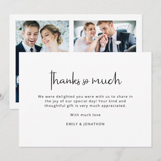 Minimalist Black White 3 Photos Wedding Thank You Card (Front/Back)