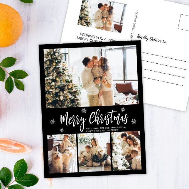 Minimalist Black White 4 Photo Collage Christmas  Postcard (Creator Uploaded)
