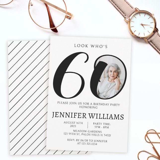 Minimalist black white 60th birthday photo invitation (Creator Uploaded)