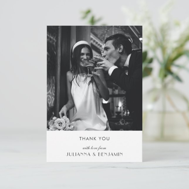 Minimalist Black White Art Deco Wedding Photo Thank You Card (Standing Front)