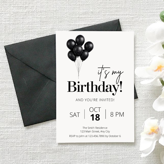 Minimalist Black & White Balloon Birthday Invitation (Creator Uploaded)