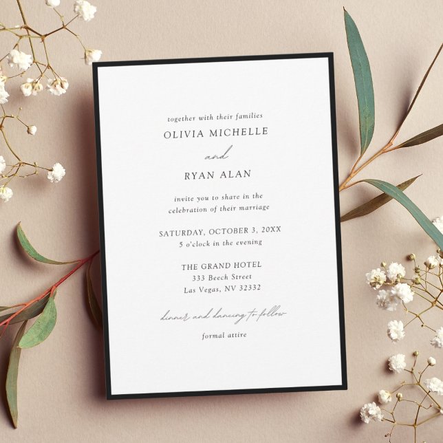 Minimalist Black & White Black Border Invitation (Modern Minimal Black and White Elegant Wedding Invitation)