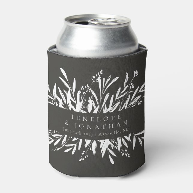 Minimalist Black White Botanical Custom Wedding  Can Cooler (Can Front)