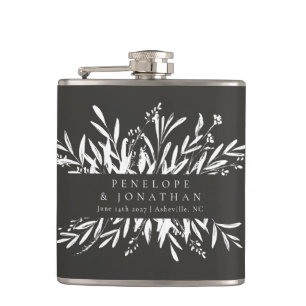 Minimalist Black White Botanical Custom Wedding   Hip Flask