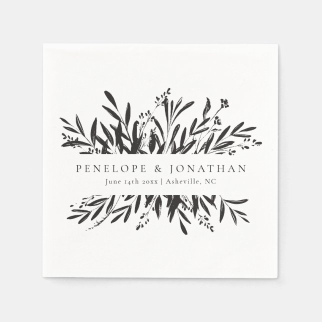 Minimalist Black White Botanical Custom Wedding  Napkin (Front)