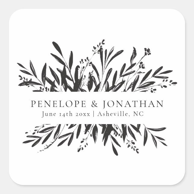 Minimalist Black White Botanical Wedding Favour Square Sticker (Front)