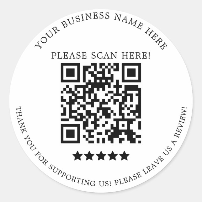 Minimalist Black white Business Name QR Code Classic Round Sticker (Front)