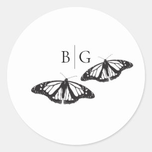 Minimalist Black White Butterfly Monogram Wedding Classic Round Sticker