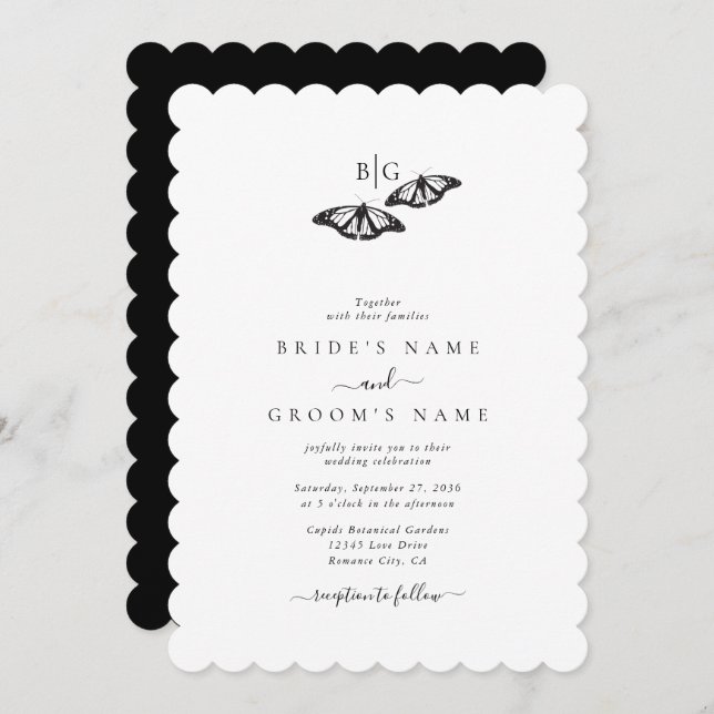 Minimalist Black White Butterfly Monogram Wedding Invitation (Front/Back)