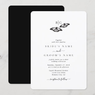 Minimalist Black White Butterfly Monogram Wedding Invitation