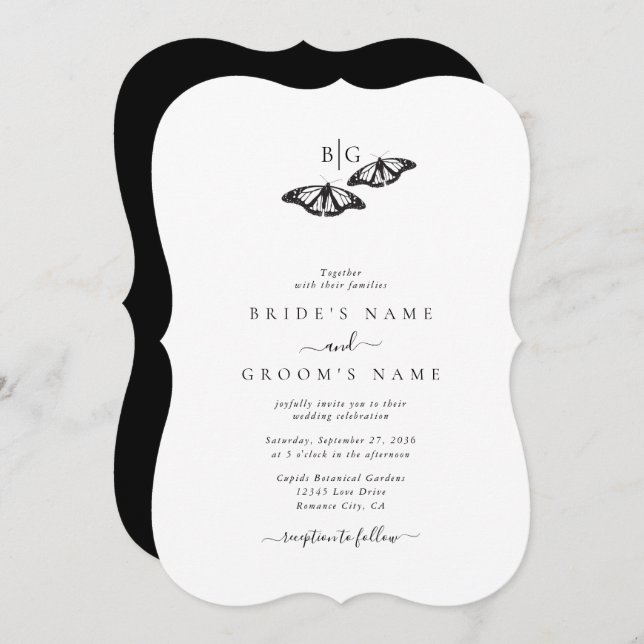 Minimalist Black White Butterfly Monogram Wedding Invitation (Front/Back)