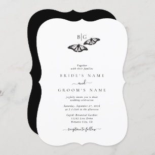 Minimalist Black White Butterfly Monogram Wedding Invitation