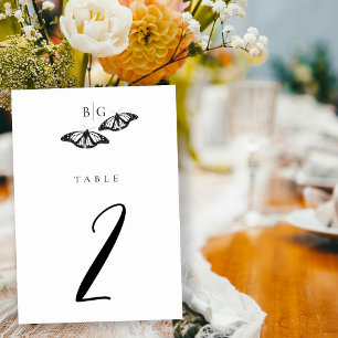 Minimalist Black White Butterfly Monogram Wedding Table Number