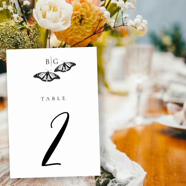 Minimalist Black White Butterfly Monogram Wedding Table Number (Minimalist Black White Butterfly Monogram Wedding Table Number)