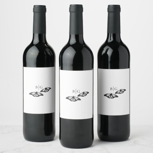 Minimalist Black White Butterfly Monogram Wedding Wine Label (Bottles)