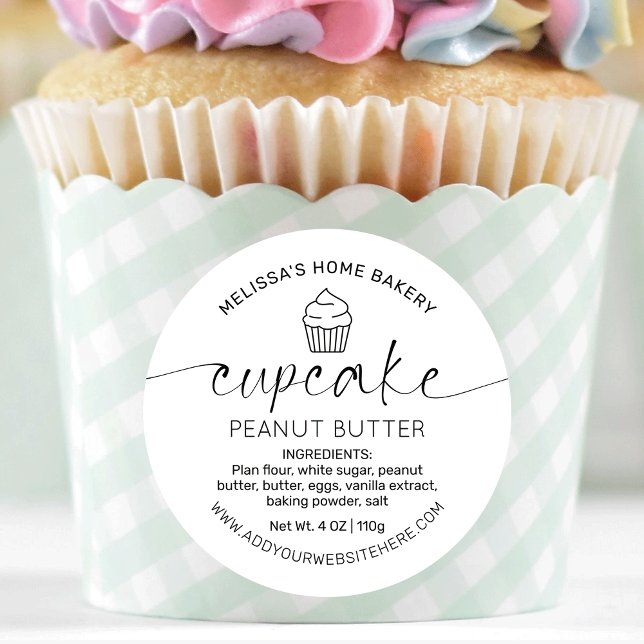 Minimalist Black White Calligraphy Cupcake Label (Minimalist modern black & white custom cupcake flavor name stickers with space for ingredients)