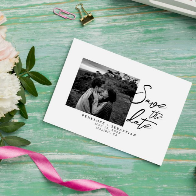 Minimalist Black & White Calligraphy Photo Wedding Save The Date (Creator Uploaded)