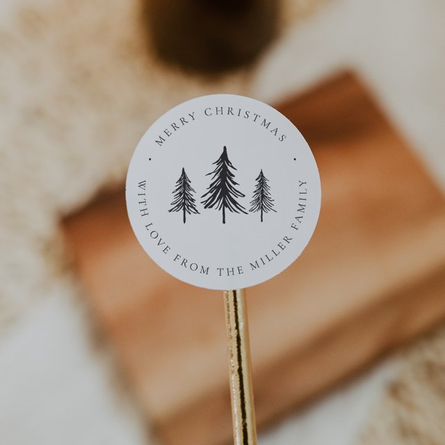 Minimalist Black & White Christmas Pine Tree Classic Round Sticker (Creator Uploaded)