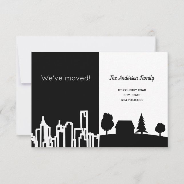 Minimalist black white city country we moved announcement (Front)