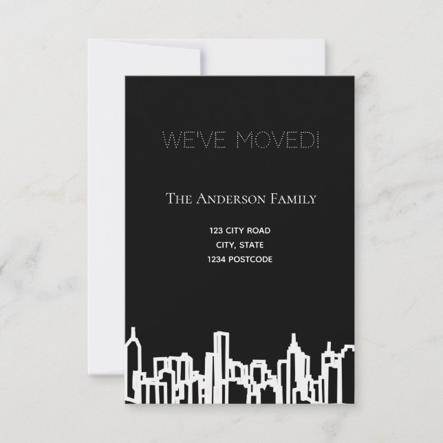 Minimalist black white city skyline we moved announcement (Front)