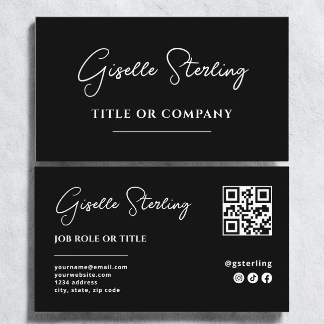 Minimalist Black White Company QR Code Script Business Card (Creator Uploaded)