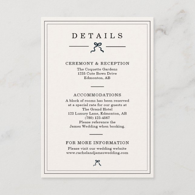 Minimalist Black & White Coquette Wedding Details Enclosure Card (Front)