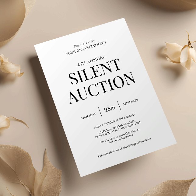Minimalist Black & White Corporate Silent Auction Invitation (Minimalist corporate silent auction invitation design with fully editable text & colors)